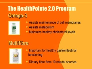 The HealthPointe 2.0 Program Important for healthy gastrointestinal functioning Dietary fibre from 10 natural sources Multifibre Assists maintenance of cell membranes Assists metabolism Maintains healthy cholesterol levels Omega-3 