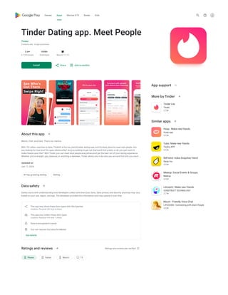Tinder Dating app. Meet People
Tinder
Contains ads · In-app purchases
3.6star
6.71M reviews
100M+
Downloads Mature 17+ info
Install
About this app
Match, Chat, and Date. That’s our mantra.
With 70+ billion matches to date, Tinder® is the top matchmaker dating app, and the best place to meet new people. Are
you looking for true love? An open relationship? Are you looking to get out there and find a date, or do you just want to
make friends and chat? With Tinder, you can meet local people everywhere and get the best out of your dating experience:
Whether you're straight, gay, bisexual, or anything in between, Tinder allows you to be who you are and find who you want.…
Updated on
Jan 17, 2024
arrow_forward
#1 top grossing dating Dating
Data safety
Safety starts with understanding how developers collect and share your data. Data privacy and security practices may vary
based on your use, region, and age. The developer provided this information and may update it over time.
This app may share these data types with third parties
Location, Personal info and 4 others
This app may collect these data types
Location, Personal info and 7 others
Data is encrypted in transit
You can request that data be deleted
arrow_forward
See details
Ratings and reviews arrow_forward Ratings and reviews are verified info_outline
phone_android Phone tablet_android Tablet watch Watch tv TV
App support expand_more
More by Tinder arrow_forward
Tinder Lite
Tinder
2.3 star
Similar apps arrow_forward
Hoop - Make new friends
Hoop app
4.0 star
Yubo: Make new friends
Twelve APP
4.0 star
BeFriend: make Snapchat friend
Swipr Inc.
4.4 star
Meetup: Social Events & Groups
Meetup
4.4 star
Litmatch—Make new friends
CONSTRUCT TECHNOLOGY
3.7 star
Maum - Friendly Voice Chat
LIFEOASIS - Connecting with Glam People
4.0 star
Share Add to wishlist
Games Apps Movies & TV Books Kids search help_outline
google_logo Play
 