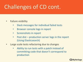 • Failure visibility
• Slack messages for individual failed tests
• Browser console logs in report
• Screenshots in report
• Post dist – production server logs in the report
(Using Elasticsearch)
• Large scale tests refactoring due to changes
• Ability to run tests with a patch instead of
committing code that doesn’t correspond to
production
Challenges of CD cont.
 