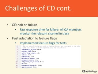• CD halt on failure
• Fast response time for failure. All QA members
monitor the relevant channel in slack
• Fast adaptation to feature flags
• Implemented feature flags for tests
Challenges of CD cont.
 