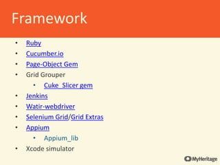 • Ruby
• Cucumber.io
• Page-Object Gem
• Grid Grouper
• Cuke_Slicer gem
• Jenkins
• Watir-webdriver
• Selenium Grid/Grid Extras
• Appium
• Appium_lib
• Xcode simulator
Framework
 