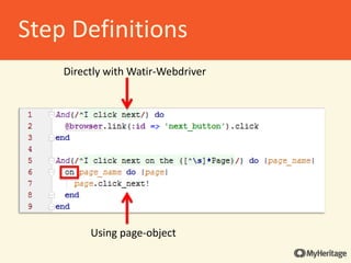 Directly with Watir-Webdriver
Using page-object
Step Definitions
 