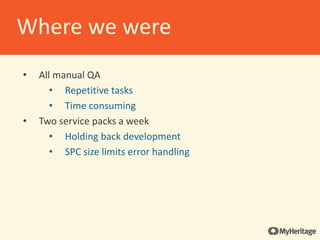 • All manual QA
• Repetitive tasks
• Time consuming
• Two service packs a week
• Holding back development
• SPC size limits error handling
Where we were
 