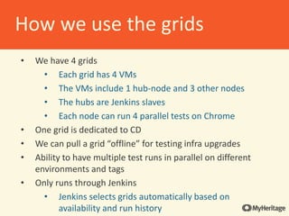 • Chuck Norris!
• Was already in use by RND
• Open source (lot’s of available plugins)
• Schedule automated builds
• Kick off manual builds with a few clicks
• Control build parameters (server, suite, etc)
• Can build in any of our environments with any
combination of tags
• Holds build history for a specified amount of time
• Merged report is stored in each build
• Slack and email notifications
Jenkins
 