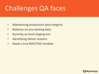 • We have 4 grids
• Each grid has 4 VMs
• The VMs include 1 hub-node and 3 other nodes
• The hubs are Jenkins slaves
• Each node can run 4 parallel tests on Chrome
• One grid is dedicated to CD
• We can pull a grid “offline” for testing infra upgrades
• Ability to have multiple test runs in parallel on different
environments and tags
• Only runs through Jenkins
• Jenkins selects grids automatically based on
availability and run history
How we use the grids
 
