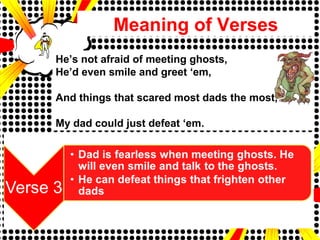 Meaning of Verses
He’s not afraid of meeting ghosts,
He’d even smile and greet ‘em,
And things that scared most dads the most,
My dad could just defeat ‘em.
 