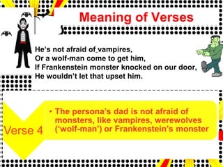 Meaning of Verses
He’s not afraid of vampires,
Or a wolf-man come to get him,
If Frankenstein monster knocked on our door,
He wouldn’t let that upset him.
 