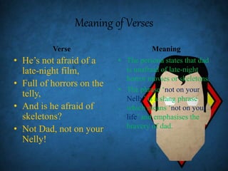 Meaning of Verses
Verse
• He’s not afraid of a
late-night film,
• Full of horrors on the
telly,
• And is he afraid of
skeletons?
• Not Dad, not on your
Nelly!
Meaning
• The persona states that dad
is unafraid of late-night
horror movies or skeletons.
• The phrase ‘not on your
Nelly’ is a slang phrase
which means ‘not on your
life’ and emphasises the
bravery of dad.
 
