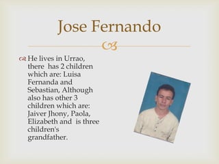 He lives in Urrao, there has 2 children which are: Luisa Fernanda and Sebastian, Although  also has other 3 children which are: Jaiver Jhony, Paola, Elizabeth and is three children's grandfather.Jose Fernando