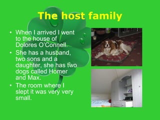 The host family When I arrived I went to the house of Dolores O’Connell. She has a husband, two sons and a daughter, she has two dogs called Homer and Max. The room where I slept it was very very small.  