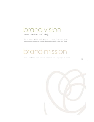 brand vision
Enlivening   “Your Cover Story”

We will be the global leading brand in interior decoration, using
innovation to enrich the habitat where people live, work and relax.




brand mission
We are the global brand in interior decoration and the Employer of Choice.
                                                                             01
 