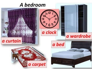 A bedroom
a clock
a bed
a carpet
a curtain
a wardrobe