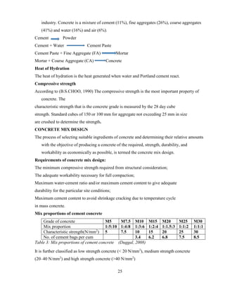 25
industry. Concrete is a mixture of cement (11%), fine aggregates (26%), coarse aggregates
(41%) and water (16%) and air (6%).
Cement Powder
Cement + Water Cement Paste
Cement Paste + Fine Aggregate (FA) Mortar
Mortar + Coarse Aggregate (CA) Concrete
Heat of Hydration
The heat of hydration is the heat generated when water and Portland cement react.
Compressive strength
According to (B.S.CHOO, 1990) The compressive strength is the most important property of
concrete. The
characteristic strength that is the concrete grade is measured by the 28 day cube
strength. Standard cubes of 150 or 100 mm for aggregate not exceeding 25 mm in size
are crushed to determine the strength.
CONCRETE MIX DESIGN
The process of selecting suitable ingredients of concrete and determining their relative amounts
with the objective of producing a concrete of the required, strength, durability, and
workability as economically as possible, is termed the concrete mix design.
Requirements of concrete mix design:
The minimum compressive strength required from structural consideration;
The adequate workability necessary for full compaction;
Maximum water-cement ratio and/or maximum cement content to give adequate
durability for the particular site conditions;
Maximum cement content to avoid shrinkage cracking due to temperature cycle
in mass concrete.
Mix proportions of cement concrete
Grade of concrete M5 M7.5 M10 M15 M20 M25 M30
Mix proportion 1:5:10 1:4:8 1:3:6 1:2:4 1:1.5:3 1:1:2 1:1:1
Characteristic strength(N/mm2
) 5 7.5 10 15 20 25 30
No. of cement bags per cum 3.4 6.2 6.8 7.5 8.5
Table 3: Mix proportions of cement concrete (Duggal, 2008)
It is further classified as low strength concrete (< 20 N/mm2
), medium strength concrete
(20–40 N/mm2
) and high strength concrete (>40 N/mm2
)
 