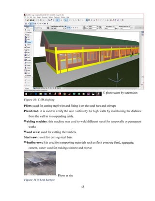 43
Figure 30: CAD drafting
Pliers: used for cutting steel wire and fixing it on the steel bars and stirrups
Plumb bob: it is used to verify the wall verticality for high walls by maintaining the distance
from the wall to its suspending cable.
Welding machine: this machine was used to weld different metal for temporally or permanent
works
Wood saws: used for cutting the timbers.
Steel saws: used for cutting steel bars.
Wheelbarrow: It is used for transporting materials such as flesh concrete Sand, aggregate,
cement, water: used for making concrete and mortar
.
Figure 31 Wheel barrow
© photo taken by screenshot
Photo at site
 