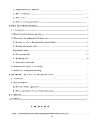 vii
3.3.3 Questionnaire and interview................................................................................................... 44
3.3.4 Site illustrations...................................................................................................................... 44
3.3.5 Site works............................................................................................................................... 46
3.3.6 Books and e-documentation ................................................................................................... 47
CHAP.4. TRAINING OUTCOMES....................................................................................................... 48
4.1. Survey map................................................................................................................................... 48
4.2 Description of the training activities ............................................................................................. 48
4.3 Discussions and analysis of the training works............................................................................. 48
4.3.1 setting out refer to the drawing layouts and details................................................................ 48
4.3.2 steel reinforcement works ...................................................................................................... 48
Trusses fabrication .......................................................................................................................... 49
4.3.3 Carpentry works ..................................................................................................................... 49
4.3.4 Masonry works....................................................................................................................... 50
4.3.5 concreting operations ............................................................................................................. 51
4.4 Environmental aspects of the training........................................................................................... 51
4.5 Benefit/cost analysis of the training .............................................................................................. 51
CHAP.5 CONCLUSION AND RECOMMENDATIONS ..................................................................... 52
5.1 Conclusion..................................................................................................................................... 52
5.2 Recommendations ......................................................................................................................... 52
5.2.1 Useful remarks organization .................................................................................................. 52
5.2.3 Recommendations towards the future trainings ..................................................................... 52
REFERENCES........................................................................................................................................ 53
APPENDICES......................................................................................................................................... 54
LIST OF TABLES
TABLE 1: QUANTITIES OF MATERIALS REQUIRED FOR CEMENT MORTARS (HAROO, 2015) ..............................................8
 