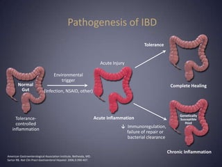 Pathogenesis of IBD
                                                                                           Tolerance


                                                                      Acute Injury

                                    Environmental
                                        trigger
        Normal                                                                                            Complete Healing
         Gut                (Infection, NSAID, other)



                                                                                                              Genetically
     Tolerance-                                                     Acute Inflammation                         Susceptible
     controlled                                                                                                   Host
                                                                                ↓ Immunoregulation,
   inflammation
                                                                                  failure of repair or
                                                                                  bacterial clearance

                                                                                                         Chronic Inflammation
American Gastroenterological Association Institute, Bethesda, MD.
Sartor RB. Nat Clin Pract Gastroenterol Hepatol. 2006;3:390-407.
 