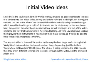 Initial Video Ideas
Since this is the soundtrack to their Wembley DVD, it would be good incorporate the idea
of a concert into this music video. So my idea was to have the lead singer just leaving the
concert, this ties in the idea of the concert DVD without actually using concert footage
which would be hard to get a hold of. So it would just be his journey on the way home
from the concert, the other band members there as well coming in and out of the video,
similar to the way that Somewhere In Neverland Is Done. All Time Low also have shots of
them playing their instruments in nearly all of their music videos, so it would be good to
have those shots integrated somehow.
The way this video is done will be similar to the way the lead singer walks through their
'Weightless' video and also the idea of random things happening, just like in their
'Somewhere In Neverland' (SINL) video. The idea of it being similar to the SINL video is
that they are in different settings and locations throughout the video, not the animated
paper idea.
Weightless Music Video Somewhere In Neverland Music Video
 