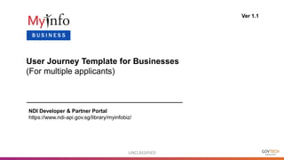 UNCLASSIFIED
User Journey Template for Businesses
(For multiple applicants)
Ver 1.1
B U S I N E S S
NDI Developer & Partner Portal
https://www.ndi-api.gov.sg/library/myinfobiz/
 