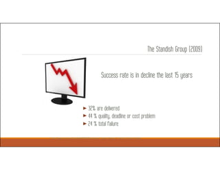 The Standish Group (2009)
Success rate is in decline the last 15 years
http://www.cio.com/article/495306/Recession_Causes_Rising_IT_Project_Failure_Rates
32% are delivered
44 % quality, deadline or cost problem
24 % total failure
 