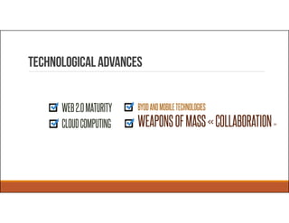 Technologicaladvances
WEB2.0MATURITY
CLOUDCOMPUTING
BYODANDMOBILETECHNOLOGIES
WEAPONSOFMASS«COLLABORATION»
 