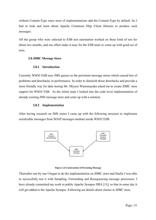 without Content-Type since most of implementations add the Content-Type by default. So I
had to look and learn about Apache Commons Http Client libraries to produce such
messages.

All the group who were selected to ESB test automation worked on these kind of test for
about two months, and our effort make it easy for the ESB team to come up with good set of
tests.

         2.8 JDBC Message Store

            2.8.1   Introduction

Currently WSO2 ESB uses JMS queues as the persistent message stores which caused lots of
problems and drawbacks in performance. In order to diminish those drawbacks and provide a
more friendly way for data storing Mr. Miyuru Wanninayaka asked me to create JDBC store
support for WSO2 ESB. As the initial steps I looked into the code level implementation of
already existing JMS message store and come up with a solution.

            2.8.2   Implementation

After having research on JMS stores I came up with the following structure to implement
serializable messages from SOAP messages mediate inside WSO2 ESB.




                            Figure 2.4 Construction of Persisting Message

Thereafter one by one I began to do the implementation on JDBC store and finally I was able
to successfully test it with Sampling, Forwarding and Resequencing message processors. I
have already committed my work to public Apache Synapse JIRA [11], so that in some day it
will get added to the Apache Synapse. Following are details about classes in JDBC store.



                                                                                   Page | 31
 