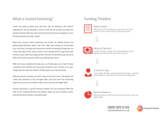0800 009 6106
myinvoiceﬁnance.co.uk
When you choose Invoice Factoring, the process of making money and
getting paid becomes easier than ever. After just raising an invoice with
your customer, the days and sometimes months of waiting for payment are
in the rear-view mirror, all you have to do is simply send a copy of the said
invoice to your debt factoring provider, who will conveniently pay you up to
90% of the invoice amount within just twenty-four hours!
With all of your newfound money you can ﬁnally take care of all of those
unwanted and stressful but necessary business costs. Thanks to us, you
ﬁnally have the cash you need to further grow your own business!
When you factor invoices, you don’t have to do much more. The lender will
collect the payment at the arranged date, and send over the remaining
value that you did not initially receive, minus the pre-arranged fees!
Invoice Factoring is a great ﬁnancial solution for your business! With the
help of our trustworthy team and lenders, watch as your business, career
and proﬁts boost almost instantaneously!
What is Invoice Factoring? Funding Timeline
Raise Invoice
Raise your invoice for goods or services and notify
lender via their online Invoice Factoring system.
Receive Payment
Lender will then transfer the lending balance at the
agreed rate directly into your bank account.
Customer Pays
Your lender will then collect payment from your customer
at the agreed credit period, for example 30 days later.
Receive Balance
Receive balance of the invoice from the lender minus any
agreed fees.
If you are trying to grow your business, but are lacking in the ﬁnance
department, we are pleased to tell you that we can provide you with the
perfect solution! We may call it Invoice Factoring, but you’re going to call it
the best decision you ever made!
 