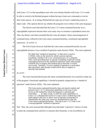 Case3:10-cv-03561-WHA Document1202 Filed05/31/12 Page25 of 41



                                                                          1   with Lotus 1-2-3 so that spreadsheet users who were already familiar with Lotus 1-2-3 would
                                                                          2   be able to switch to the Borland program without having to learn new commands or rewrite
                                                                          3   their Lotus macros. In so doing, Borland did not copy any of Lotus’s underlying source or
                                                                          4   object code. (The opinion did not say whether the programs were written in the same language.)
                                                                          5           The district court had ruled that the Lotus 1-2-3 menu command hierarchy was a
                                                                          6   copyrightable expression because there were many ways to construct a spreadsheet menu tree.
                                                                          7   Thus, the district court had concluded that the Lotus developers’ choice and arrangement of
                                                                          8   command terms, reflected in the Lotus menu command hierarchy, constituted copyrightable
                                                                          9   expression. Id. at 810–11.
                                                                         10           The First Circuit, however, held that the Lotus menu command hierarchy was not
                                                                         11   copyrightable because it was a method of operation under Section 102(b). The court explained:
United States District Court
                               For the Northern District of California




                                                                         12                  We think that “method of operation,” as that term is used in
                                                                                             § 102(b), refers to the means by which a person operates
                                                                         13                  something, whether it be a car, a food processor, or a computer.
                                                                                             Thus a text describing how to operate something would not extend
                                                                         14                  copyright protection to the method of operation itself; other people
                                                                                             would be free to employ that method and to describe it in their
                                                                         15                  own words. Similarly, if a new method of operation is used rather
                                                                                             than described, other people would still be free to employ or
                                                                         16                  describe that method.
                                                                         17   Id. at 815.
                                                                         18           The court reasoned that because the menu command hierarchy was essential to make use
                                                                         19   of the program’s functional capabilities, it should be properly categorized as a “method of
                                                                         20   operation” under Section 102(b). The court explained:
                                                                         21                  The Lotus menu command hierarchy does not merely explain and
                                                                                             present Lotus 1-2-3’s functional capabilities to the user; it also
                                                                         22                  serves as the method by which the program is operated and
                                                                                             controlled . . . . In other words, to offer the same capabilities as
                                                                         23                  Lotus 1-2-3, Borland did not have to copy Lotus’s underlying code
                                                                                             (and indeed it did not); to allow users to operate its programs in
                                                                         24                  substantially the same way, however, Borland had to copy the
                                                                                             Lotus menu command hierarchy. Thus the Lotus 1-2-3 code is not
                                                                         25                  a uncopyrightable “method of operation.”
                                                                         26   Ibid. Thus, the court reasoned that although Lotus had made “expressive” choices of what
                                                                         27   to name the command terms and how to structure their hierarchy, it was nevertheless an
                                                                         28


                                                                                                                              25
 