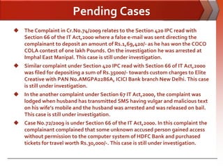 Pending Cases
 The Complaint in Cr.No.74/2009 relates to the Section 420 IPC read with
  Section 66 of the IT Act,2000 where a false e-mail was sent directing the
  complainant to deposit an amount of Rs.1,69,420/- as he has won the COCO
  COLA contest of one lakh Pounds. On the investigation he was arrested at
  Imphal East Manipal. This case is still under investigation.
 Similar complaint under Section 420 IPC read with Section 66 of IT Act,2000
  was filed for depositing a sum of Rs.35000/- towards custom charges to Elite
  Creative with PAN No.AMGPA2286A, ICICI Bank branch New Delhi. This case
  is still under investigation.
 In the another complaint under Section 67 IT Act,2000, the complaint was
  lodged when husband has transmitted SMS having vulgar and malicious text
  on his wife’s mobile and the husband was arrested and was released on bail.
  This case is still under investigation.
 Case No.72/2009 is under Section 66 of the IT Act,2000. In this complaint the
  complainant complained that some unknown accused person gained access
  without permission to the computer system of HDFC Bank and purchased
  tickets for travel worth Rs.30,000/-. This case is still under investigation.
 
