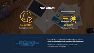 Nos offres
Au succès
La qualité d’une prestation de recrutement et les moyens
mis en œuvre sont identiques quelle que soit l’offre choisie :
Identification, qualification, entretien, compte-rendu,
suivi de process et d'intégration.
DANS TOUS LES CAS,
LA MÊME QUALITÉ DE SERVICE
MYJOBCOMPANY
ou
Premium
Par recrutement Package annuel
 