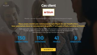Mission : recruter 10 consultants IT junior maîtrisant le français et l’anglais
Nous avons monté une communauté spécifique de 250 headhunters,
tous spécialisés dans le recrutement de profils IT et basés à Paris, Londres et Dublin.
Cas client
Cette approche nous a permis de répondre efficacement à une contrainte de temps forte
tout en qualifiant la réelle capacité des candidats à faire du développement
informatique en plus de leur fonction de conseil.
150
CANDIDATURES
110
ENTRETIENS
41
PROFILS
9
EMBAUCHES
EN SAVOIR PLUS
 