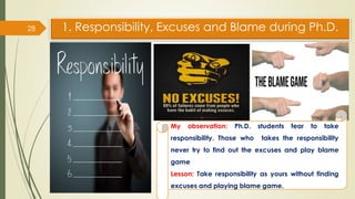 1. Responsibility, Excuses and Blame during Ph.D.
28
My observation: Ph.D. students fear to take
responsibility. Those who...