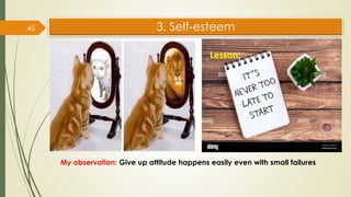 3. Self-esteem
My observation: Give up attitude happens easily even with small failures
45
Lesson:
 