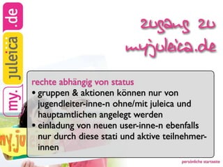 zugang zu
                        myjuleica.de
rechte abhängig von status
• gruppen & aktionen können nur von
  jugendleiter-inne-n ohne/mit juleica und
  hauptamtlichen angelegt werden
• einladung von neuen user-inne-n ebenfalls
  nur durch diese stati und aktive teilnehmer-
  innen
                                       persönliche startseite
 