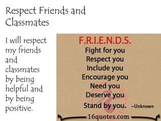 Respect Friends and
Classmates
I will respect
my friends
and
classmates
by being
helpful and
by being
positive.
 