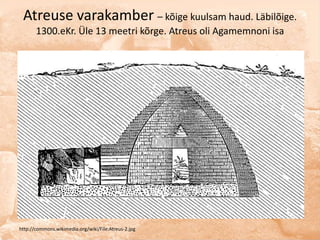 Atreuse varakamber – kõige kuulsam haud. Läbilõige.
       1300.eKr. Üle 13 meetri kõrge. Atreus oli Agamemnoni isa




http://commons.wikimedia.org/wiki/File:Atreus-2.jpg
 