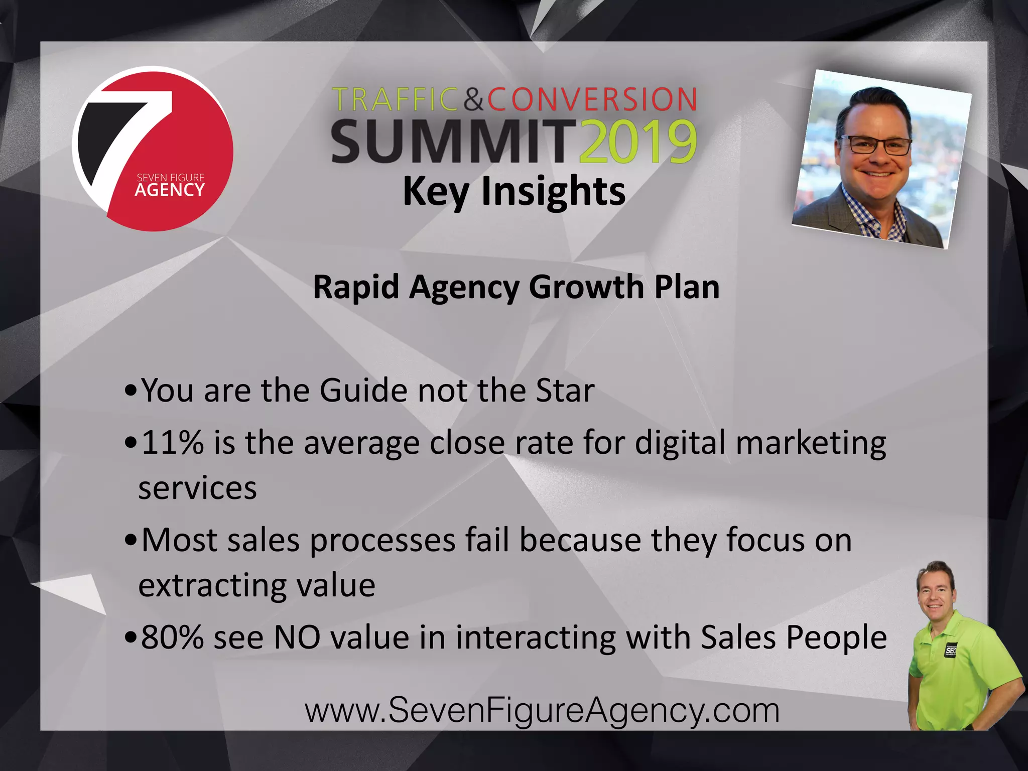 www.SevenFigureAgency.com
Rapid	Agency	Growth	Plan	
•You	are	the	Guide	not	the	Star		
•11%	is	the	average	close	rate	for	digital	marketing	
services	
•Most	sales	processes	fail	because	they	focus	on	
extracting	value	
•80%	see	NO	value	in	interacting	with	Sales	People
Key	Insights
 