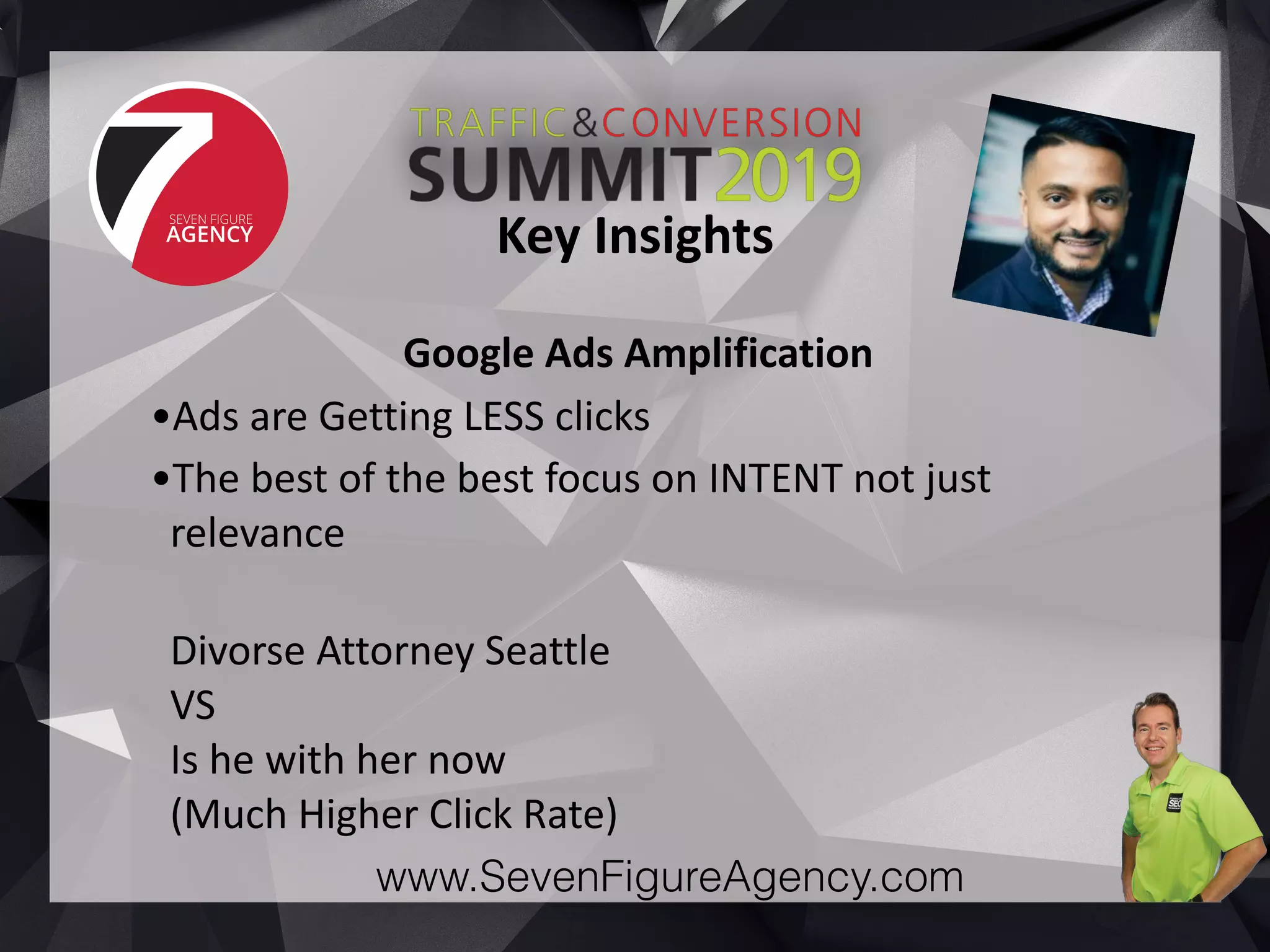 www.SevenFigureAgency.com
Google	Ads	Amplification	
•Ads	are	Getting	LESS	clicks	
•The	best	of	the	best	focus	on	INTENT	not	just	
relevance	
 
Divorse	Attorney	Seattle 
VS 
Is	he	with	her	now 
(Much	Higher	Click	Rate)
Key	Insights
 