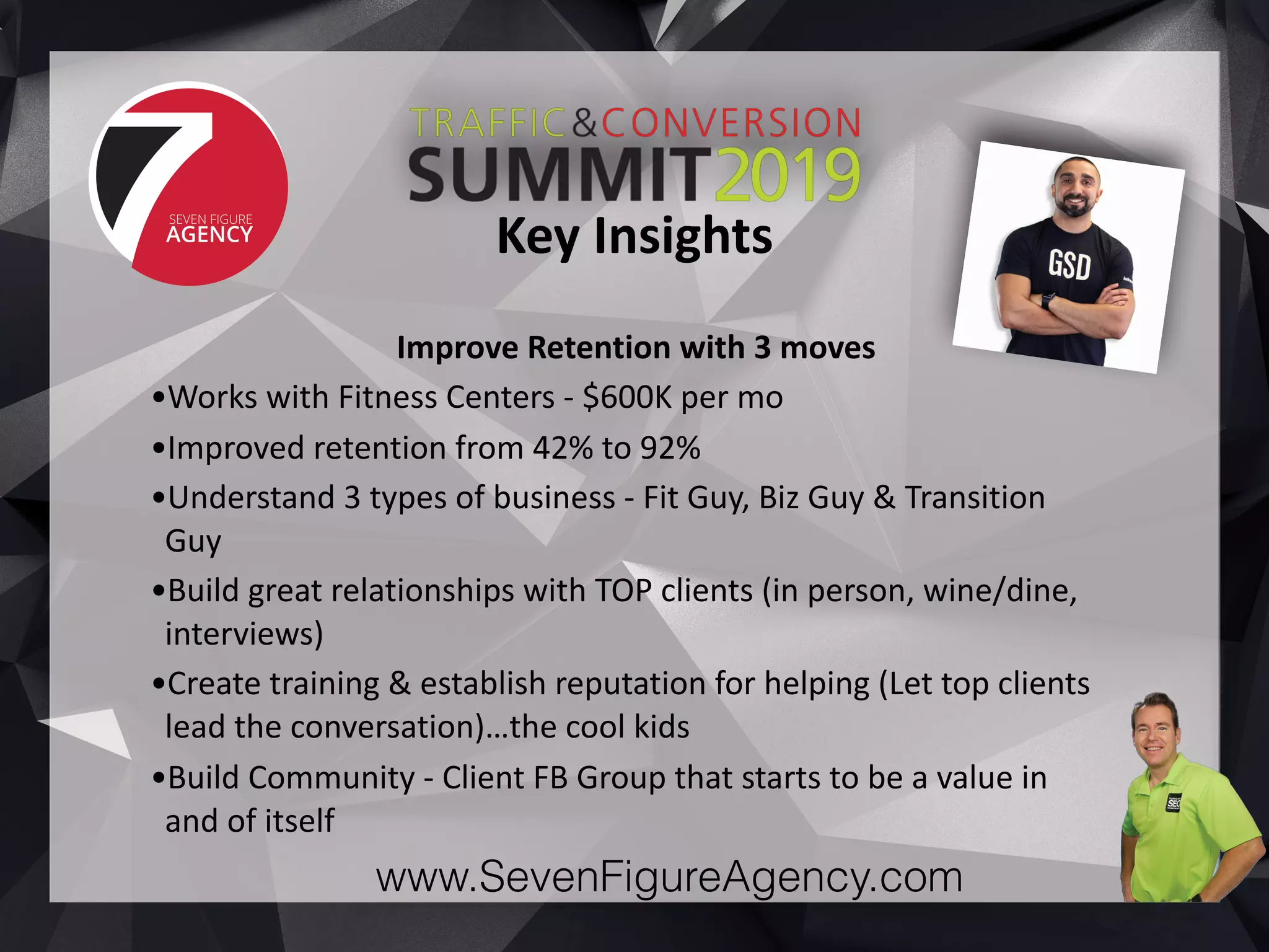 www.SevenFigureAgency.com
Improve	Retention	with	3	moves	
•Works	with	Fitness	Centers	-	$600K	per	mo	
•Improved	retention	from	42%	to	92%	
•Understand	3	types	of	business	-	Fit	Guy,	Biz	Guy	&	Transition	
Guy	
•Build	great	relationships	with	TOP	clients	(in	person,	wine/dine,	
interviews)	
•Create	training	&	establish	reputation	for	helping	(Let	top	clients	
lead	the	conversation)…the	cool	kids	
•Build	Community	-	Client	FB	Group	that	starts	to	be	a	value	in	
and	of	itself
Key	Insights
 