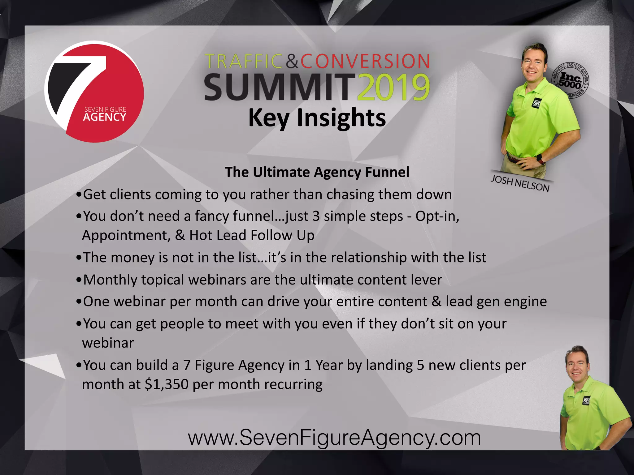 www.SevenFigureAgency.com
The	Ultimate	Agency	Funnel	
•Get	clients	coming	to	you	rather	than	chasing	them	down	
•You	don’t	need	a	fancy	funnel…just	3	simple	steps	-	Opt-in,	
Appointment,	&	Hot	Lead	Follow	Up	
•The	money	is	not	in	the	list…it’s	in	the	relationship	with	the	list	
•Monthly	topical	webinars	are	the	ultimate	content	lever	
•One	webinar	per	month	can	drive	your	entire	content	&	lead	gen	engine	
•You	can	get	people	to	meet	with	you	even	if	they	don’t	sit	on	your	
webinar	
•You	can	build	a	7	Figure	Agency	in	1	Year	by	landing	5	new	clients	per	
month	at	$1,350	per	month	recurring
Key	Insights
 