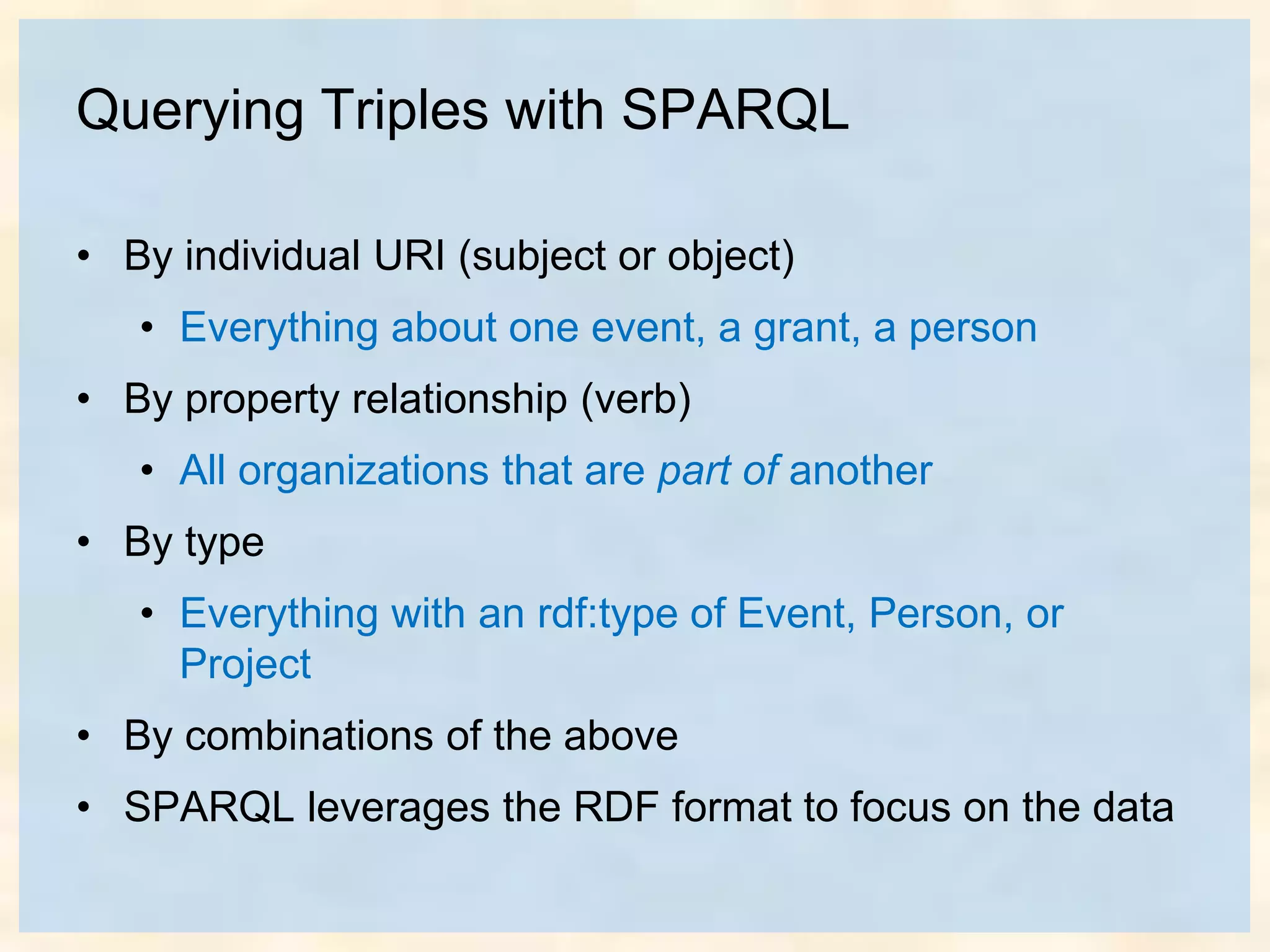 Querying Triples with SPARQL
• By individual URI (subject or object)
• Everything about one event, a grant, a person
• By property relationship (verb)
• All organizations that are part of another
• By type
• Everything with an rdf:type of Event, Person, or
Project
• By combinations of the above
• SPARQL leverages the RDF format to focus on the data
 