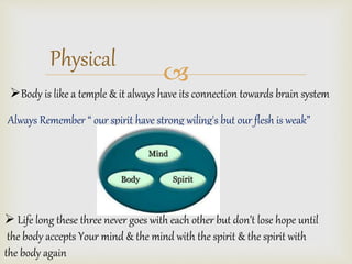 ? Physical 
?Body is like a temple & it always have its connection towards brain system 
Always Remember  our spirit have strong wiling's but our flesh is weak 
? Life long these three never goes with each other but dont lose hope until 
the body accepts Your mind & the mind with the spirit & the spirit with 
the body again 
 