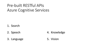 Pre-built RESTful APIs
Azure Cognitive Services
1. Search
2. Speech
3. Language
4. Knowledge
5. Vision
 