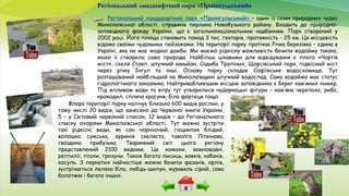 Регіональний ландшафтний парк «Приінгульський»
Регіональний ландшафтний парк «Приінгульський» – один із семи природних чудес
Миколаївської області, справжня перлина Новобузького району. Входить до природно-
заповідного фонду України, що є загальнонаціональним надбанням. Парк створений у
2002 році. Його площа становить понад 3 тис. гектарів, протяжність - 25 км. Ця місцевість
відома своїми чудовими пейзажами. На території парку протікає Річка Березівка – єдина в
Україні, яка не має жодної дамби. Ми маємо рідкісну можливість бачити водойму такою,
якою її створила сама природа. Найбільш цікавими для відвідування є плато «Чортів
міст», скеля Стовп, штучний каньйон, Садиба Тропіних, Щорсівський парк, підвісний міст
через річку Інгул та інші. Основу парку складає Софіївське водосховище. Тут
розташований найбільший на Миколаївщині штучний водоспад. Сама водойма має статус
гідрологічного заказника. Найпривабливішим місцем заповідника є Берег кам’яних химер.
Під впливом води та вітру тут утворилися чудернацькі фігури – кам’яна черепаха, риба,
крокодил, спляча красуня, біла фортеця тощо.
Флора території парку налічує близько 600 видів рослин, у
тому числі 20 видів, що занесено до Червоної книги України,
5 – у Світовий червоний список, 12 видів – до Регіонального
списку охорони Миколаївської області. Тут можна зустріти
такі рідкісні види, як сон чорніючий, гіацинтик блідий,
волошка сумська, ауринія скеляста, таволга Літвінова,
гвоздика прибузька. Тваринний світ цього регіону
представлений 2100 видами. Це комахи, земноводні,
рептилії, птахи, гризуни. Також багато лисиць, вовків, кабанів,
косуль. З пернатих найчастіше можна бачити фазанів, орлів,
зустрічається лелека біла, лебідь-шипун, журавель сірий, сова
болотяна і багато інших.
 