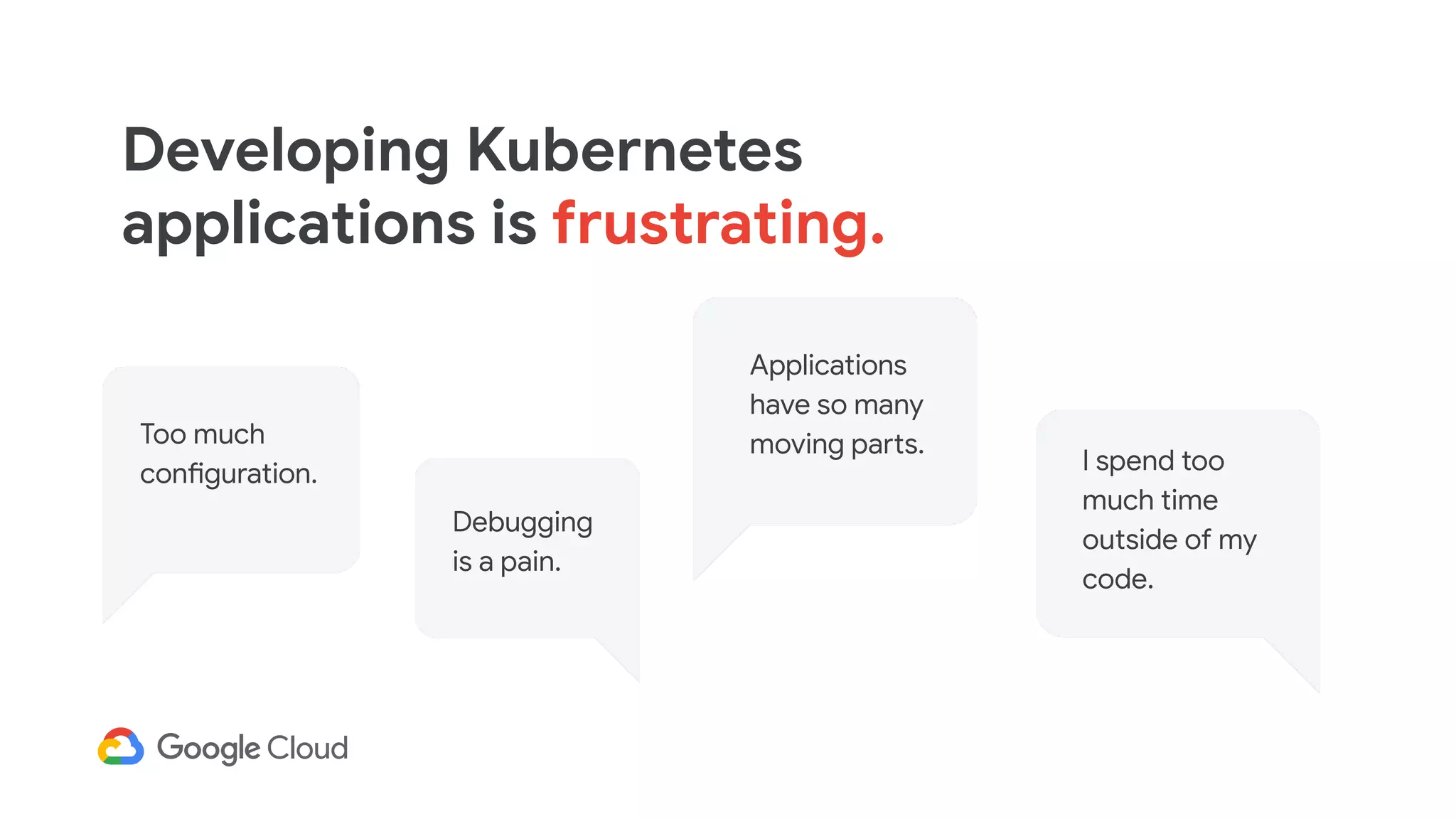 Developing Kubernetes
applications is frustrating.
Too much
configuration.
Debugging
is a pain.
Applications
have so many
moving parts.
I spend too
much time
outside of my
code.
 