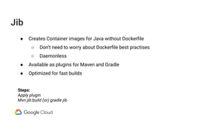 Jib
● Creates Container images for Java without Dockerﬁle
○ Don’t need to worry about Dockerﬁle best practises
○ Daemonless
● Available as plugins for Maven and Gradle
● Optimized for fast builds
Steps:
Apply plugin
Mvn jib:build (or) gradle jib
 