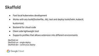 Skaffold
● Fast local kubernetes development
● Works with any build(Dockerﬁle, Jib), test and deploy tools(helm, kubectl,
kustomize)
● Backend for cloud code
● Client side lightweight tool
● Supports proﬁles that allows extension into different environments
Skaffold init
Skaffold run - single deploy
Skaffold dev - continuous deploy
 