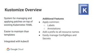 Kustomize Overview
Additional Features
● Apply common:
○ Labels
○ Annotations
● Add a preﬁx to all resource names
● Easily manage ConﬁgMaps and
Secrets
System for managing and
applying patches on top of
existing Kubernetes YAML
Easier to maintain than
templates
Integrated with kubectl
 