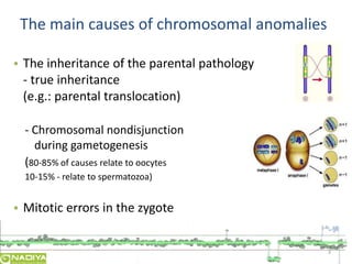 3 
The main causes of chromosomal anomalies 
• The inheritance of the parental pathology 
- true inheritance 
(e.g.: parental translocation) 
- Chromosomal nondisjunction 
during gametogenesis 
(80-85% of causes relate to oocytes 
10-15% - relate to spermatozoa) 
• Mitotic errors in the zygote 
 