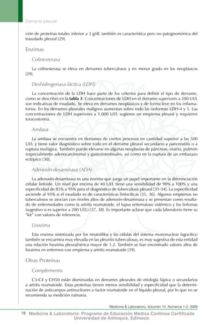Derrame pleural
18
Medicina & Laboratorio, Volumen 15, Números 1-2, 2009
Medicina & Laboratorio: Programa de Educación Médica Contínua Certificada
Universidad de Antioquia, Edimeco
ción de proteínas totales inferior a 3 g/dL también es característica pero no patognomónica del
trasudado pleural [29].
Enzimas
Colinesterasa
La colinesterasa se eleva en derrames tuberculosos y en menor grado en los neoplásicos
[29].
Deshidrogenasa-láctica (LDH)
La concentración de la LDH hace parte de los criterios para definir el tipo de derrame,
como se describió en la tabla 3. Concentraciones de LDH en el derrame superiores a 200 UI/L
son indicativas de exudado. Se eleva en derrames neoplásicos y de forma leve en los inflama-
torios. En los derrames pleurales malignos aumentan sobre todo las isoformas LDH-4 y 5. Las
concentraciones de LDH superiores a 1.000 UI/L sugieren un empiema pleural y requieren
toracostomía.
Amilasa
La amilasa se encuentra en derrames de ciertos procesos en cantidad superior a las 500
UI/L y tiene valor diagnóstico sobre todo en el derrame pleural secundario a pancreatitis o a
ruptura esofágica. También puede elevarse en algunas neoplasias de páncreas, ovario, pulmón
(especialmente adenocarcinoma) y gastrointestinales, así como en la ruptura de un embarazo
ectópico [30].
Adenosín-desaminasa (ADA)
La adenosín-desaminasa es una enzima que juega un papel importante en la diferenciación
celular linfoide. Un nivel por encima de 40 UI/L tiene una sensibilidad de 90% a 100% y una
especificidad de 85% a 95% para el diagnóstico de tuberculosis pleural [31-34]. La especificidad
asciende al 95% si el exudado es de características linfocíticas [35, 36]. Algunos empiemas no
tuberculosos se asocian con niveles altos de adenosín-desaminasa y se presentan como resulta-
do de enfermedades como la artritis reumatoide, el lupus eritematoso sistémico y los linfomas
(sugestivo si es superior a 200 UI/L) [37, 38]. Es importante aclarar que cada laboratorio tiene su
“kit” con valores de referencia.
Lisozima
Esta enzima sintetizada por los neutrófilos y las células del sistema mononuclear fagocítico
también se encuentra muy elevada en las pleuritis tuberculosas, es muy sugestiva de esta entidad
una relación lisozima pleural/sérica mayor de 1,2. También se han encontrado valores altos de
lisozima en enfermos con empiema y artritis reumatoide [39].
Otras Proteínas
Complemento
C3-C4 y CH50 están disminuidas en derrames pleurales de etiología lúpica o secundarios
a artritis reumatoide. Estas proteínas tienen menos sensibilidad y especificidad que la determi-
nación de anticuerpos antinucleares o factor reumatoide en el líquido pleural, por lo que no se
recomienda su medición rutinaria.
 
