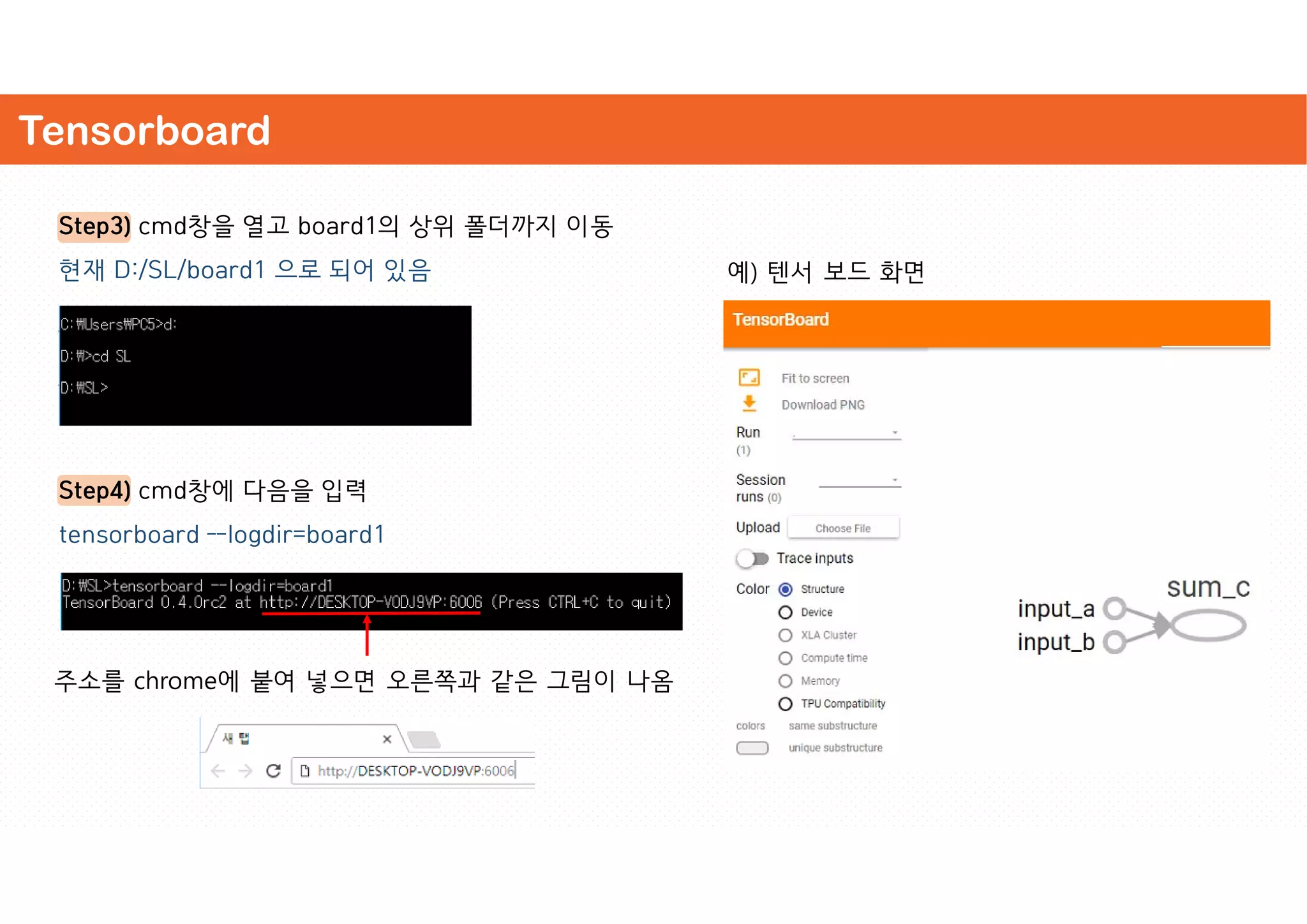 Tensorboard
Step3) cmd창을 열고 board1의 상위 폴더까지 이동
현재 D:/SL/board1 으로 되어 있음
Step4) cmd창에 다음을 입력
tensorboard –-logdir=board1
주소를 chrome에 붙여 넣으면 오른쪽과 같은 그림이 나옴
예) 텐서 보드 화면
 